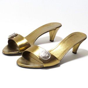 GUCCI HYSTERIA Golden Bronze Heels Logo Crest Slip In Sandals Slides Size 37.5
